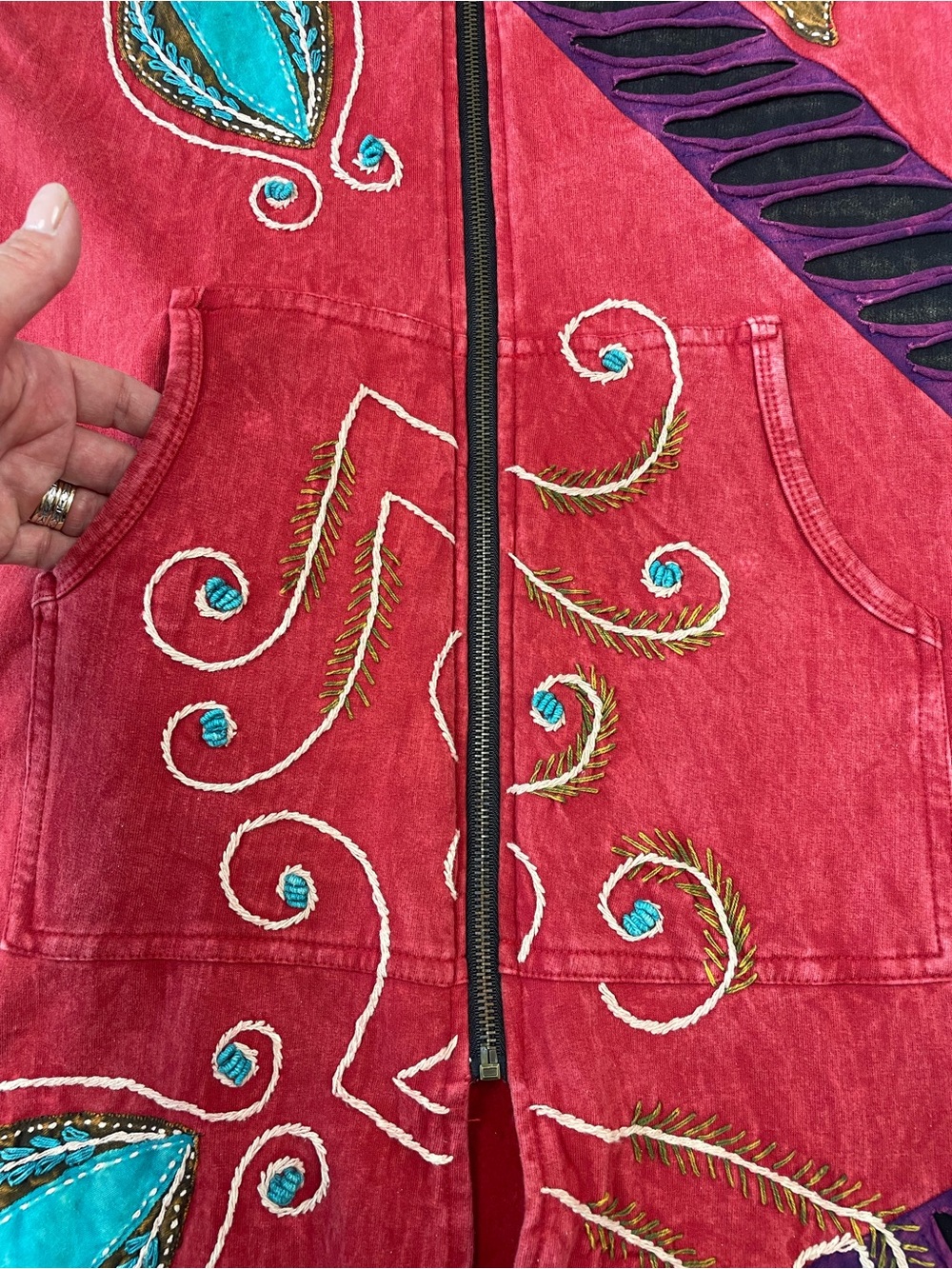 Rising International Patchwork Embroidered Long Zip Up Hoodie *Made in Nepal - Picture 11 of 16